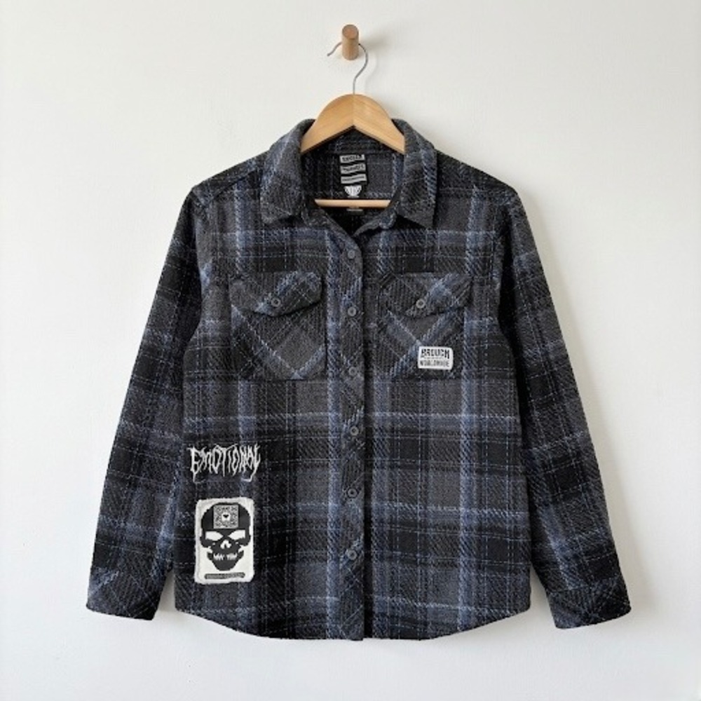 Broken‎ Promises Mens Small Plaid Flannel Shirt Graphic Patches Black Blue Gray
